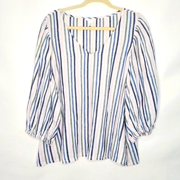 Caslon Linen Blend Striped Puff Sleeve Top Size XL V-Neck Popover Casual Coastal - Picture 11 of 12